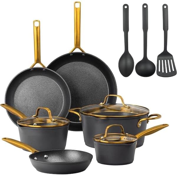 For 14-Pieces Hard Anodized Aluminum Gold Heavy Duty 4-Layer Ultra Release Nonstick Cookware Set