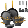 For 14-Pieces Hard Anodized Aluminum Gold Heavy Duty 4-Layer Ultra Release Nonstick Cookware Set