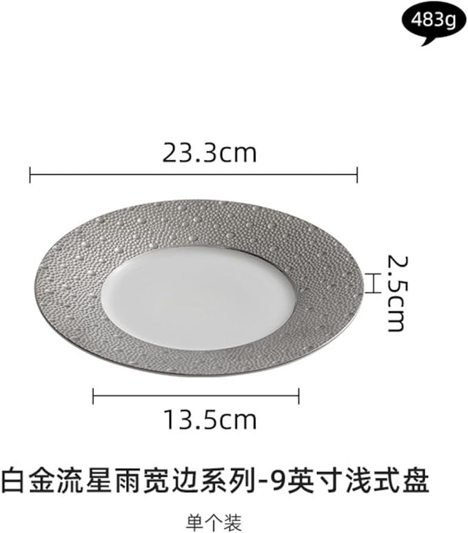 Thcbme 西餐盘浅盘轻奢高级感酒店餐厅盘子菜盘家用特色摆盘意面盘/Handpainted Plates and Bowls Set Ceramic Dinnerware Sets/9英寸白金宽边浅式盘