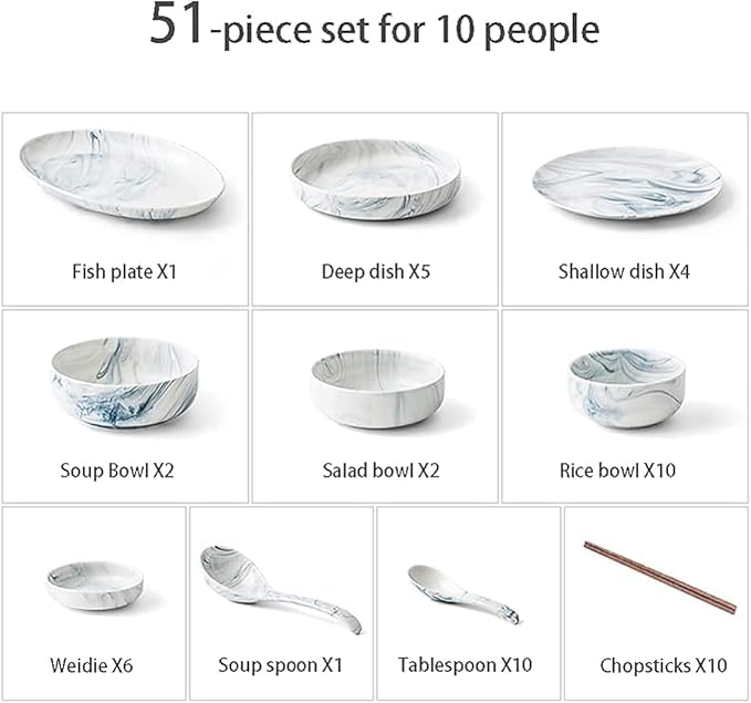 Classic Ceramic Dinnerware Sets – Nordic Creative Marble Pattern Plates &amp Bowls Dishwasher/Microwave Safe Available in 2/4/6/10-Piece Sets(Size:51Pcs)