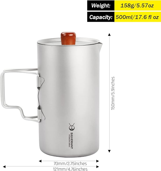 SILVERANT Titanium Coffee French Press Cup Camping Mug Travel Coffee Maker for Backpacking Hiking