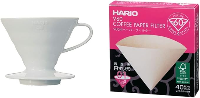 Hario V60 Ceramic Coffee Dripper Pour Over Cone Coffee Maker Size 02 White &amp V60 Paper Coffee Filters Size 01 Natural 40ct Boxed