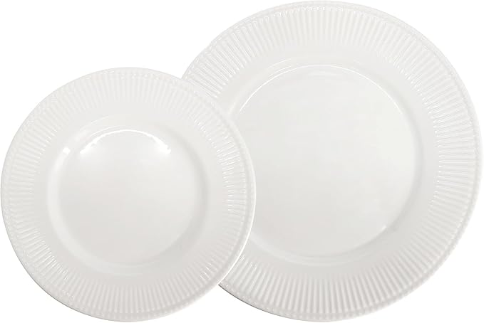 16-Piece Porcelain Dinnerware Set in White – Embossed Double Bowl Set with Textured Rim Microwave &amp Dishwasher Safe – Elegant White Dinnerware for 4