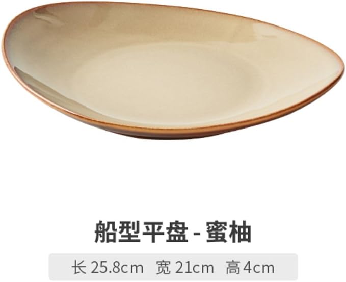 Thcbme 轻奢陶瓷窑变釉异形盘子菜盘家用浅盘西餐盘酒店 Ceramic Dish Set 餐具/birthday plates Lounge Round Reactive Glaze Stoneware Dinnerware Set/船型平盘-蜜柚