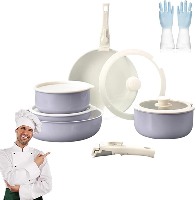 Cookware Set 5/11 Piece Utensils Cookware Set Removable Handle Pots and Pans Set Easily Clean Compatible With All Stovetops for Kitchen (Lavender11PCS)