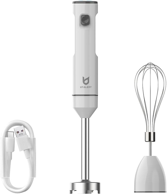 Cordless Hand Blender UTALENT Variable Speed Immersion Blender handheld Rechargeable with USB-C Charging Cable Egg Whisk for Smoothies Milkshakes Hummus and Soups – White