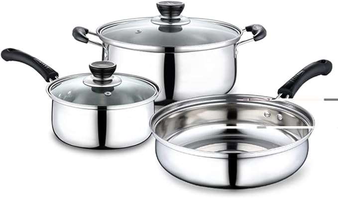 3pcs Stainless Steel Cookware Set Soup Pot Milk Pan with Glass Lid Frying Pan Kitchen Cooking Tool