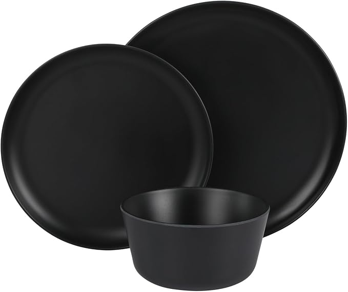 Gibson Home Fairhope 12-Piece Matte Black Melamine Dinnerware Set – Durable Lightweight Plates and Bowls Kitchen Dining Set