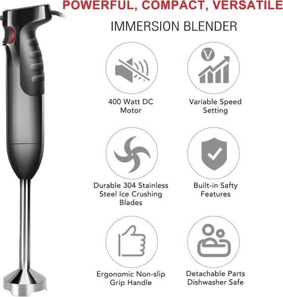 ICucina 4-in-1 Variable Speed Immersion Hand Blender with Whisk Chopper and Beaker Attachments