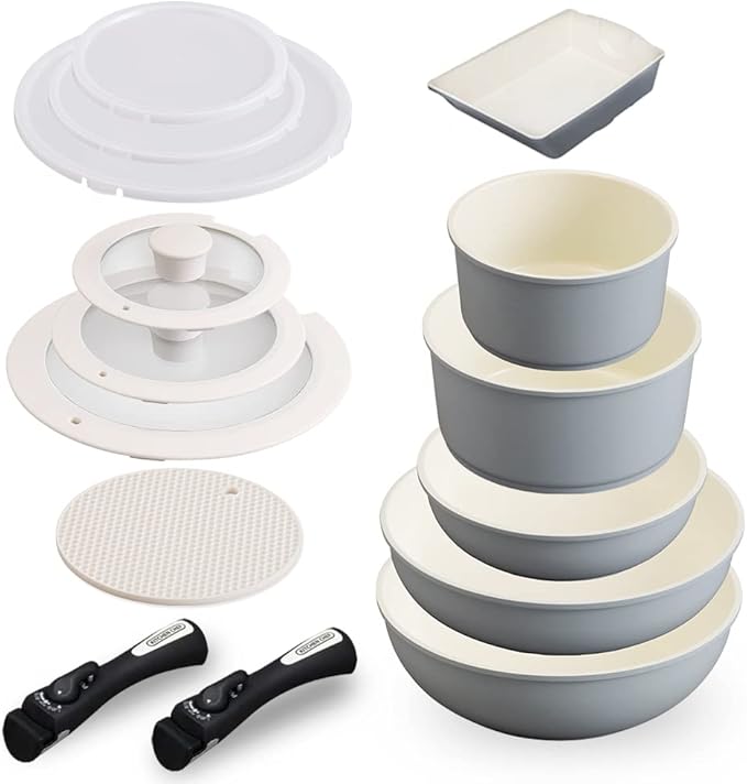 Iris Ohyama CC-SE14NP (Time Saving Energy Saving) Frying Pan 14-Piece Set IH Gas Fire 10.2 inches (26 cm) 7.9 inches (20 cm) Compact Storage Lightweight Ceramic Color Pan Gray