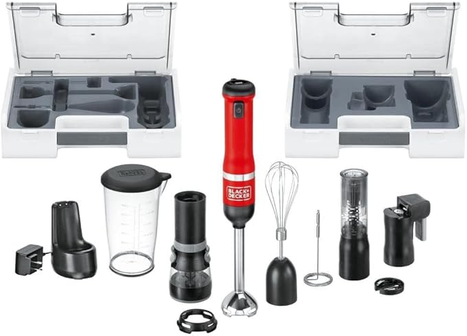 BLACK+DECKER Kitchen Wand Cordless Immersion Blender 6 in 1 Multi Tool Set Hand Blender with Charging Dock Red (BCKM1016KS06)