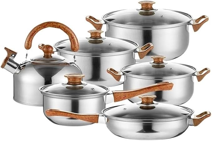 Easy to clean Practical Gift Set of 12-piece Wood-grain Milk Pot Soup Kettle Frying Pan Stainless Steel Cookware Kitchen