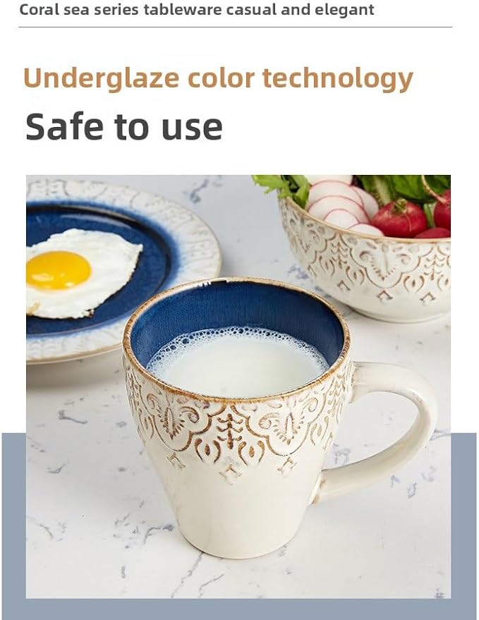Stoneware Dinnerware Set of 4 4 Pieces Ceramic Dinner Plates Bowl Mug for Kitchen – Unique Gift Idea Scratch Resistant Dishes Dishwasher &amp Microwave Safe (Coral Sea)
