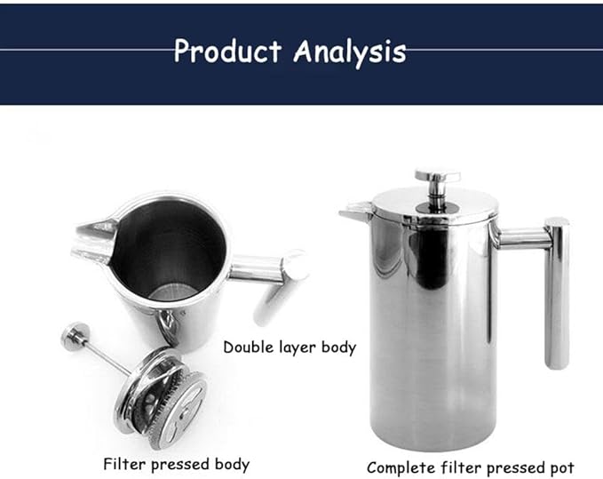 TopHomer French Press Coffee Maker Stainless Steel Insulated Insulation Coffee Maker with U Shape Spout Reusable Filter Basket Dishwasher Safe Silver(1000ml)