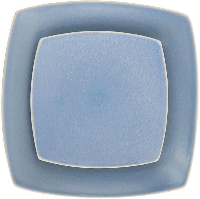 Modern Matte Glaze Square Dinnerware Set - 16 Piece Stoneware Service for 4 Dishwasher &amp Microwave Safe Teal Finish (Light Blue)