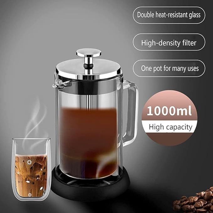 French press coffee maker(1000ml)stainless steelHigh borosilicate glassFour layer filtration systemno grounds