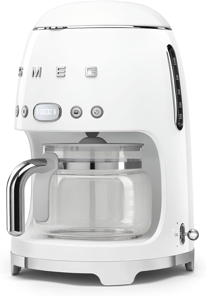 Smeg DCF02WHUK Drip Coffee Machine Auto-Start Mode Reuseable Filter Digital Display Anti-Drip System Aroma Intensity Option 1.4 Litre Tank White