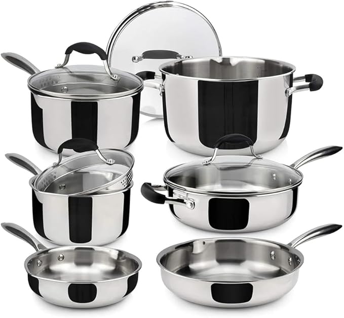 10 Stainless Steel Cookware Set Pots and Pans Set Kitchen Essentials for Cooking Multi Ply Body Stainless10 PcOne