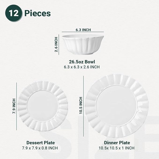 HOMBENE Plates and Bowls Sets 12 Piece Dinnerware Sets Bone China Porcelain Dinner Set with Cereal Bowls Ceramic Soup Bowls for Pasta Salad Gift Idea Wavy Pattern