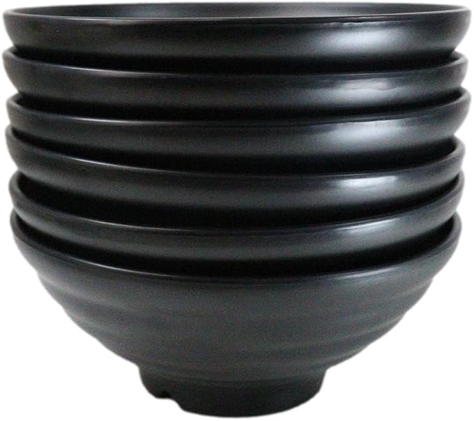 Ebros Gift Contemporary Ridged Matte Black Melamine Series Dinnerware Serveware Kitchenware Set Japanese Chinese Restaurant Supply (Pack Of 6 Round Ramen Soup Pasta Salad Bowls 40oz)