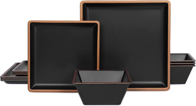 Melamine Dinnerware Sets Service for 4 Square Dinner Plates and Bowls Set12-Piece Set Non-breakable Lightweight Dinner Tableware for Indoor/Outdoor Use