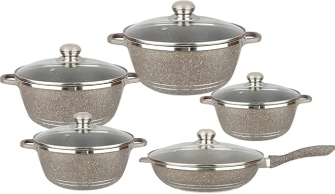 Nonstick Cookware Sets Granite Cooking Pots And Pans With Glass LidsMarble Coated Aluminium Home Kitchenware Pots And Pans Sets With SaucepansFrying PanStock Pot10 Piece(Color:Brown)