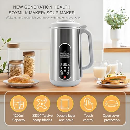 Soy Milk Maker with 12-Blade Cutter LED Display Delay Start Keep Warm Boil Water for Homemade Nut Milk