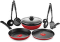 Pigeon Mio Nonstick Aluminium Cookware Gift Set 8 Pieces Includes Flat Tawa Fry Pan Kadai with Glass Lid Kitchen Tools Red Non Induction Base