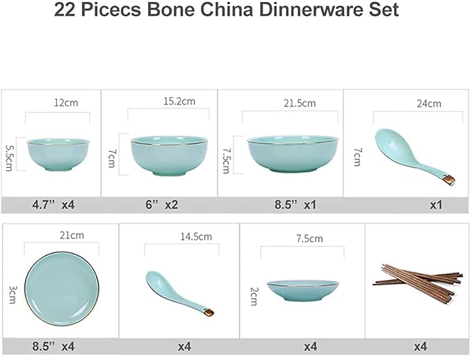Dinnerware Sets Dish Set Bone China Porcelain dinnerware Set European-Style Phnom Penh Bone China Tableware Set Bowls and Plates Dinner Set Service for 4-10 (22pieces)
