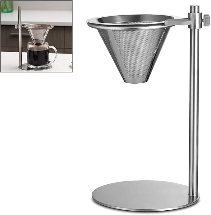 Mingkai Stainless Steel Pour Over Coffee Maker Adjustable Pour Over Coffee Stand with Double Filter Freestanding Drip Cone Brewer and Stand Make Coffee Directly into Mug Cup or Thermos Silver