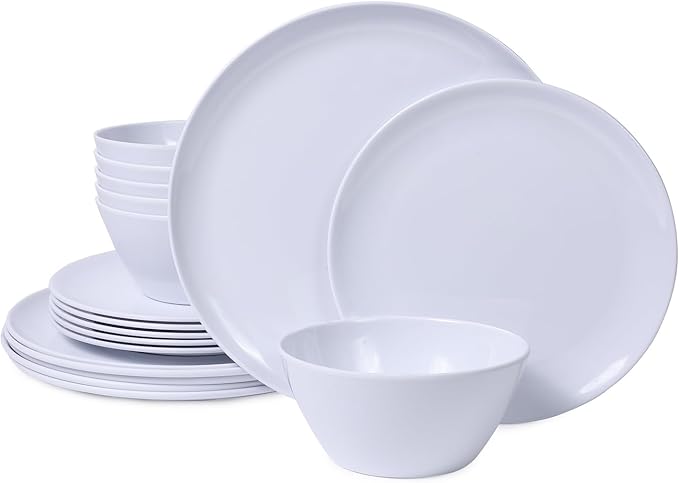 Melamine Dinnerware Sets18-piece Melamine Plates and Bowls Set Unbreakable Dishes Set for 6 Dishwasher SafeIndoor and Outdoor UseLightweightWhite