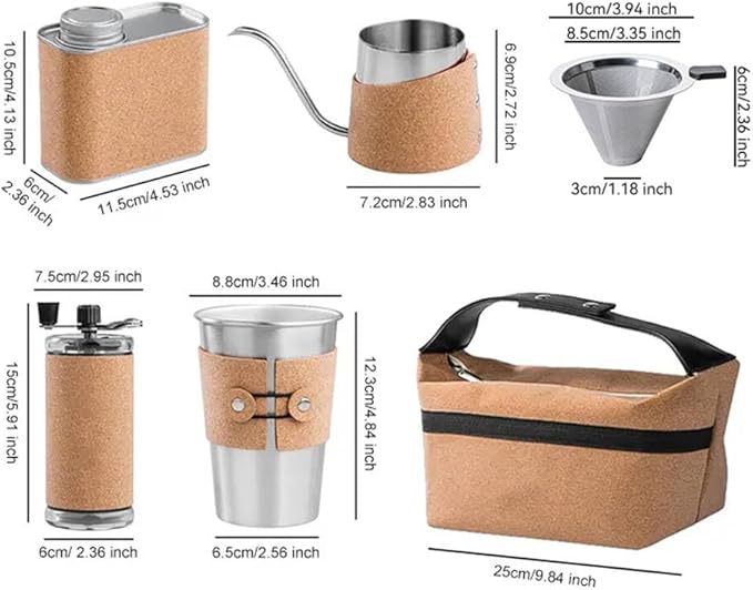 Pour Over Coffee Maker Set for Outdoor Camping Travel ALL in 1 Portable Stainless Steel Coffee Kits with Manual Coffee Grinder Gooseneck Kettle Cup Bean Pot
