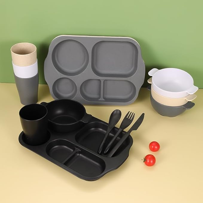 24Pcs Wheat Straw Dinnerware Cutlery Sets Divided Plates Unbreakable Bowl Microwave Dishwasher Safe Tableware Cutlery -Green