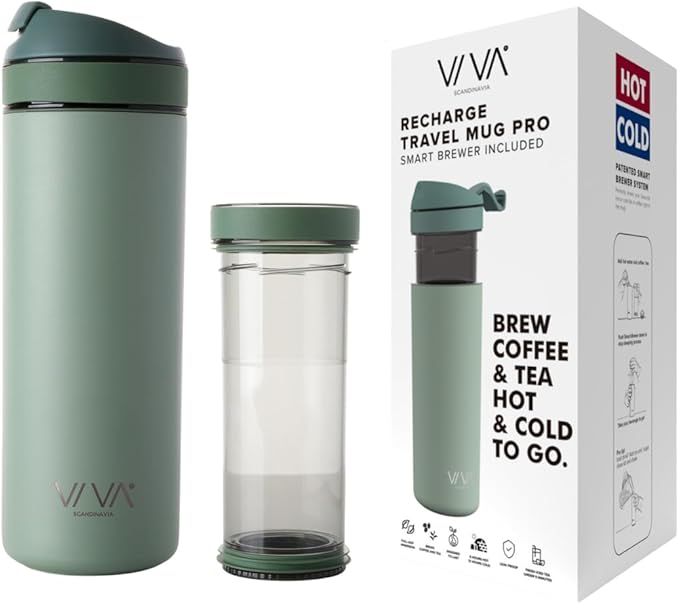 VIVA Recharge Mint Insulated Tea &amp Coffee Mug &amp Travel French Press Coffee Maker 16 oz Brew &amp Drink From the Same Coffee Mug On the Go or Camping