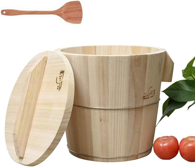 Kitchen Steam Rice Wood Bucket with Anti-Scald Handle Flat Lid And Scoop Bucket Steamed Rice Barrel Restaurant Steamer Rice Cask for Asian Cooking(Fir)