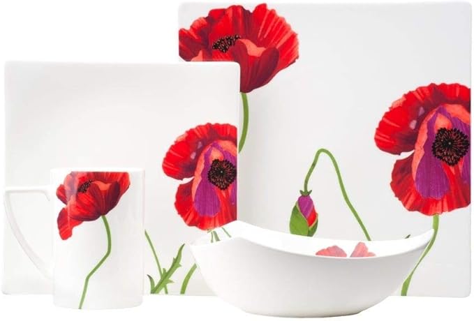 TRP 16 Piece Bone China Floral Dinnerware Set Red All Seasons Blooming Square Plates Bowls Mugs - Dinnerware Set for 4