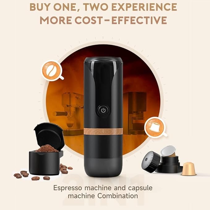 BRBHOM Portable Electric Espresso Coffee Maker Electric Coffee Machine Compatible with NS Capsules and Coffee grounds for Camping Travel Home【Self-Heating version】