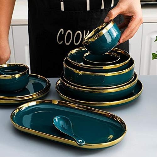 Ceramic Tableware Gilt Rim Green Ceramic Plate Steak Food Plate Tableware Bowl Ins Dinner Dish Porcelain Dinnerware Set for Family Hotel12 Inch Plate 1pcs