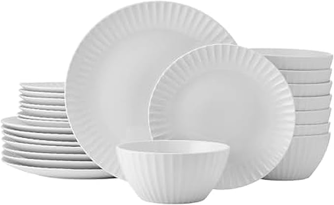 Pfaltzgraff Fluted Grace 24 Piece Porcelain Plate and Bowl Dinnerware Set Service for 8 Fluted Design Durable for Everyday Use White