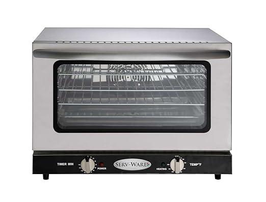 ECO-47 Electric Convection Oven Countertop Single Deck Half Size Oven with 4 Chrome Racks Manual Controls Dual Pane Glass Door Forced Air Convection Stainless Steel 150°F–500°F Range