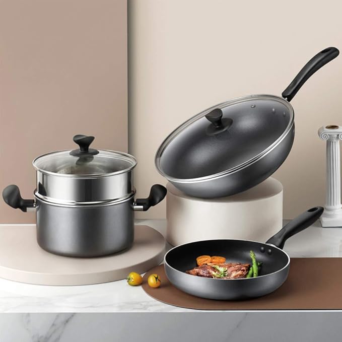 Cookware-Set 3-PieceCooking Pot Set with Glass-LidsAll Types of Cookers Induction Gas Ceramic Electric (1 Cooking Pots 1 Wok 1 Saucepan Without Lid) Saucepan