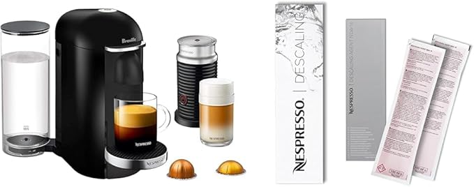 Nespresso Vertuo Plus Deluxe Coffee and Espresso Maker by Breville Piano Black with Aeroccino Milk Frother Descaling Kit