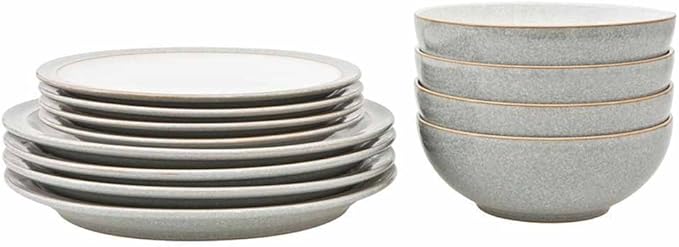 Denby Elements Light Grey Dinner Set - 4/12 Piece Ceramic Tableware - Dishwasher &amp Microwave Safe - 4 Dinner Plates 4 Medium Plates 4 Cereal Bowls