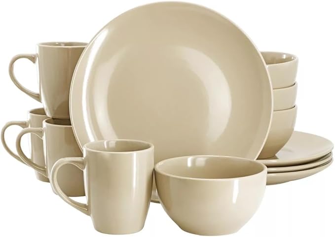 12 Piece Stoneware Dinnerware Set – Round Plates Bowls &amp Mugs for 4 Dishwasher &amp Microwave Safe Modern Matte Finish (Cream)