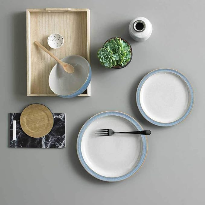 Denby Elements Blue Dinner Set - 4/12 Piece Ceramic Tableware - Dishwasher &amp Microwave Safe - 4 Dinner Plates 4 Medium Plates 4 Cereal Bowls