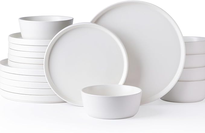 AmorArc Ceramic Dinnerware Sets for 6 Modern Flat Stoneware Plates and Bowls SetsChip and Crack Resistant | Dishwasher &amp Microwave Safe Dishes SetScratch Resistant- Service for 6 (18pc)-Matte W
