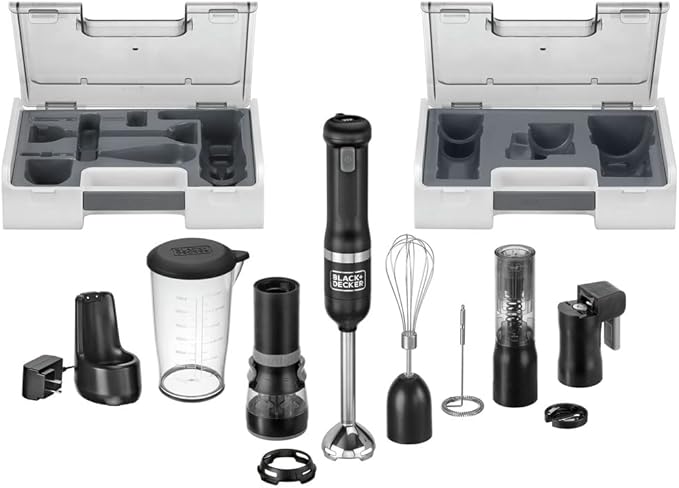 BLACK+DECKER Kitchen Wand Cordless Immersion Blender 6 in 1 Multi Tool Set Hand Blender with Charging Dock Black (BCKM1016KS10)