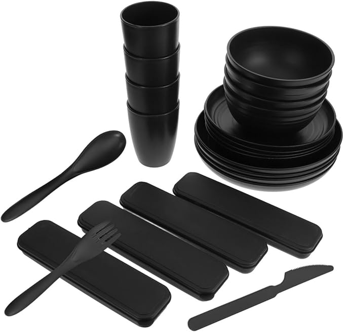 20pcs Black Dinnerware Set for 4 People with Cutlery Bowls Plates and Cups – Reusable Portable Utensils for Picnic and Camping Lunch Boxes
