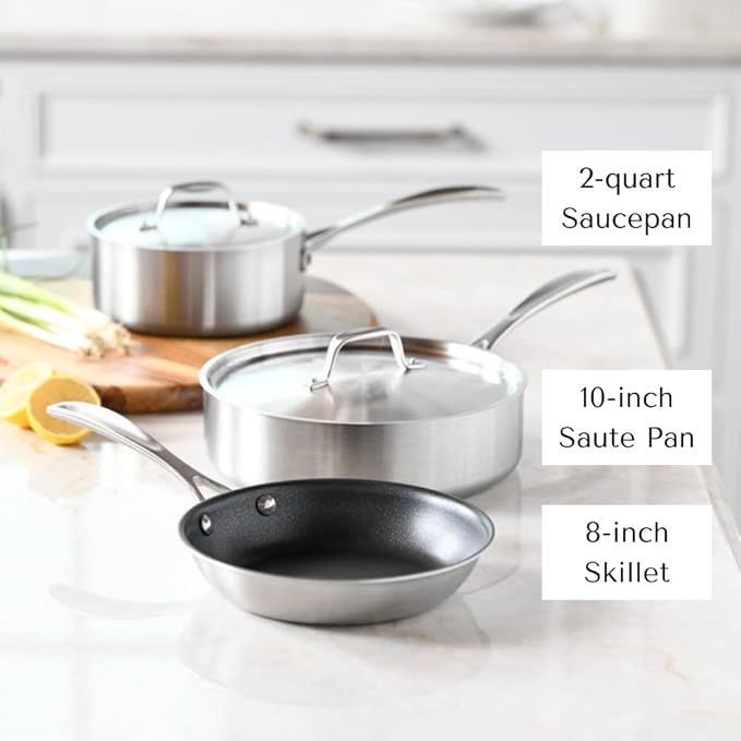American Kitchen - Stainless Steel Cookware Set - 3 Pan Set with 2 Covers (5 Pieces) includes 8-inch Nonstick Fry Pan 10-inch Saute Pan 2-quart Saucepan Perfect for Small Kitchens Made In America