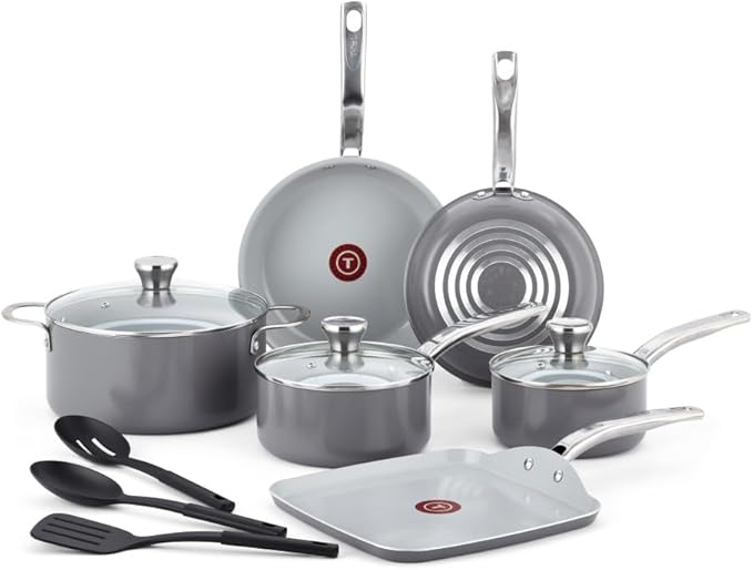 T-fal Fresh Gourmet Recycled Ceramic Non Stick Cookware Set 12 Piece Oven Broiler Safe 500F Lid Safe 350F Kitchen Cooking Set W/Fry Pans Saucepans Dutch Oven Utensils Pots and Pans Set Grey